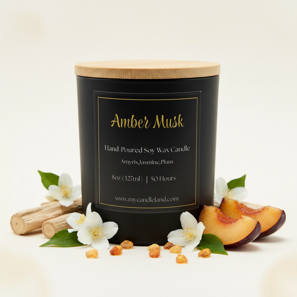 Amber Musk with wooden lid, surrounded by flowers and fruit