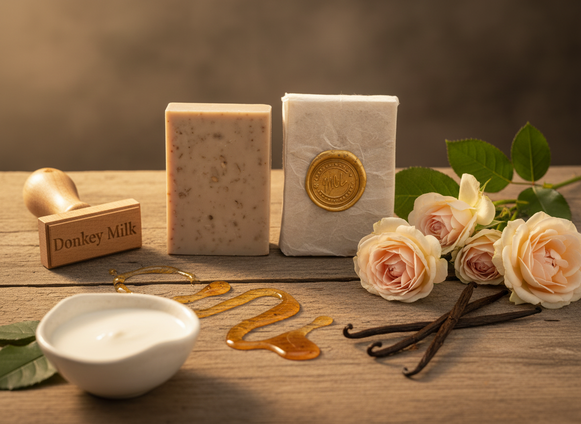 Cleopatra’s Beauty Secret donkey milk soap bar with ingredients visuals 